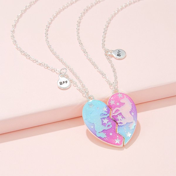 Pendentif licorne en forme de cœur à paillettes, 2 paquets, collier d'amitié pour filles, meilleurs amis, BFF, bijoux cadeau