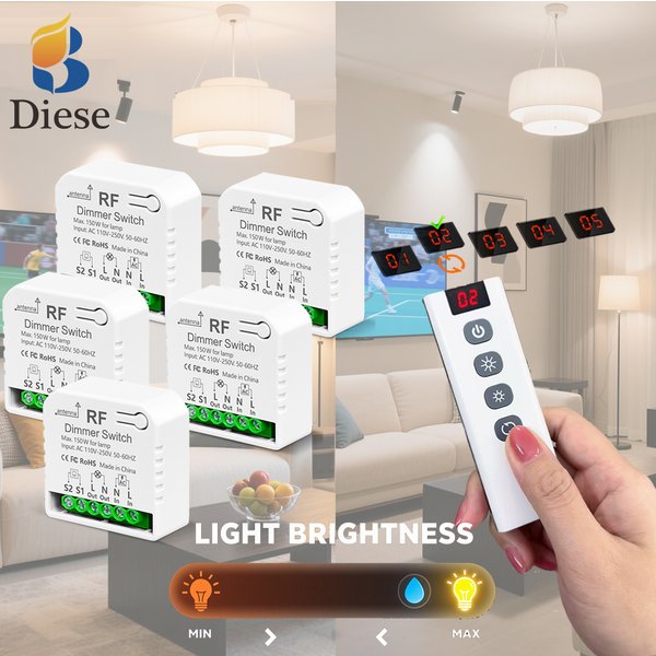 Variateur de lumière sans fil RF433mhz AC110V 220V, luminosité réglable, télécommande 5 en 1, 2 voies, pour ampoule LED halogène 10~150W