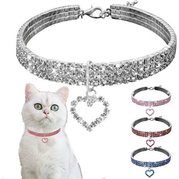 New Cat Dog Collar Three Row Elastic Rhinestone Pet Collars Love Decoration Necklace Puppy Kitten Ornament Pets Supplies