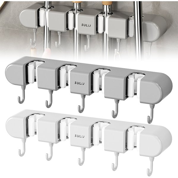 Broom Mop Holder with Hooks Wall Mounted Broom Storage Rack No Drilling Self-Adhesive Kitchens Organizer Multifunction Holder