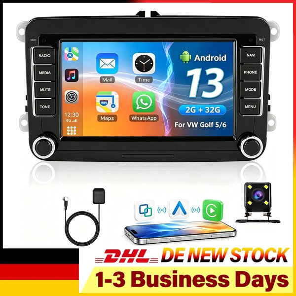 7-Zoll-Android-13-Doppel-DIN-Autoradio mit 2 GB + 32 GB Speicher, Touchscreen, Multimedia-Videoplayer für VW Golf, Passat, CC, Lavida, Touran, Jetta, Sagitar, Skoda, Seat, kabelloses Carplay und