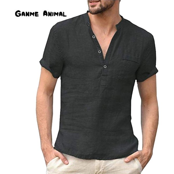 Summer Fashion Cotton Linen Casual T-Shirts Casual Male Short Sleeve V-Collar Breathable Men's Tee Button-up T S-5XL