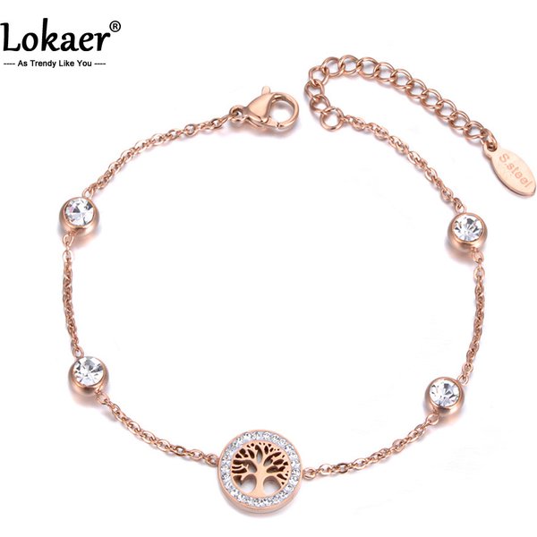 Lokaer Fashion CZ Crystal Tree Charm Bracelets Jewelry Stainless Steel Chain & Link Bohemia Bracelet For Women Pulseras B19060