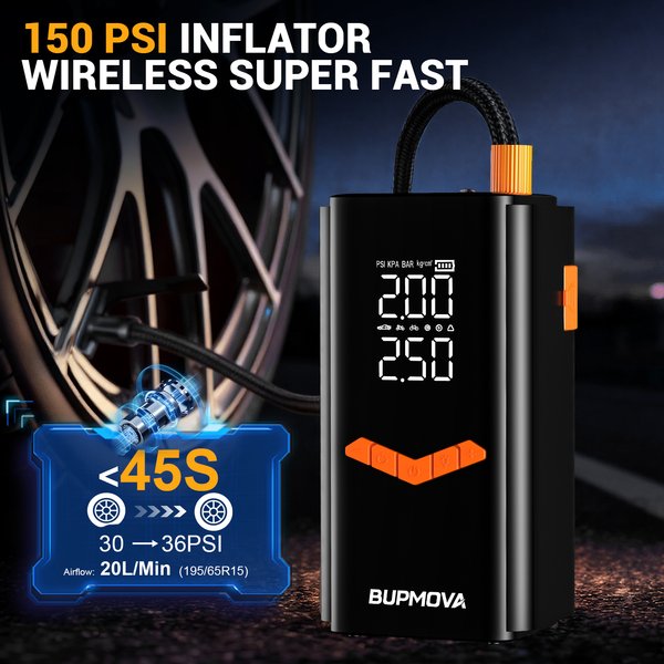 Autobatterie-Starthilfe | 150PSI Digitaler Reifenkompressor, Multifunktionales Auto-Notfall-Starthilfe-Set, Spitzenstrom 1500A, 12V Starthilfekabel, 3-Modus-LED-Taschenlampe mit SOS-Funktion,