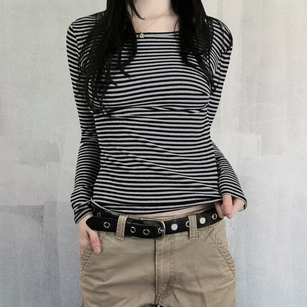 Schwarz-grau gestreiftes Damen-Slim-Top-T-Shirt mit langen Ärmeln, Rundhalsausschnitt, gestreift, Herbst-Slim-Fit-Damen-Top, lässig, täglich