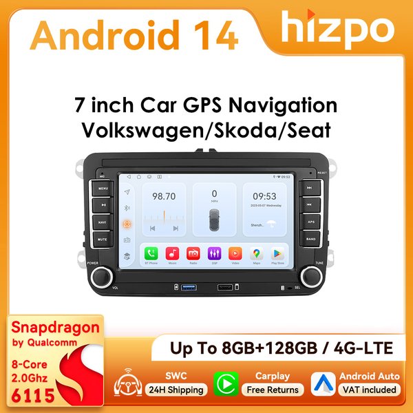 Autoradio Android 7 " Hizpo 2Din, pour VW Volkswagen Golf Passat B7 B6 Skoda Seat Octavia Polo Tiguan Jetta Auto CarPlay GPS RDS