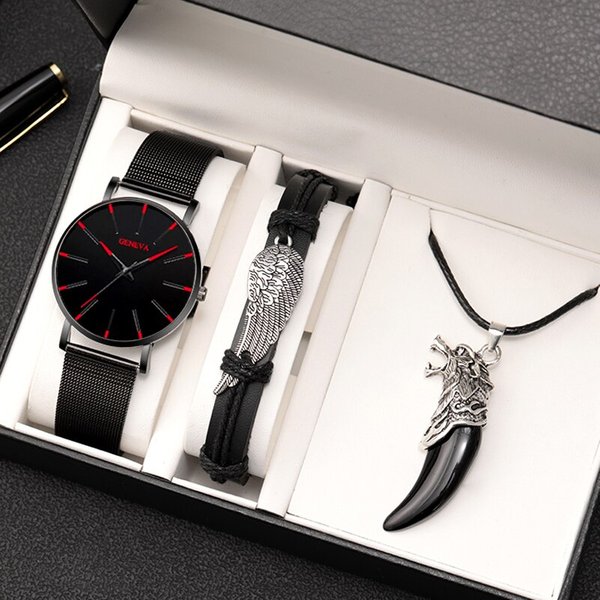 Ensemble de montres simples pour hommes, acier inoxydable, ceinture en maille, montre à quartz pour homme, collier, bracelet, montre-bracelet d'affaires, mode, 3 pièces