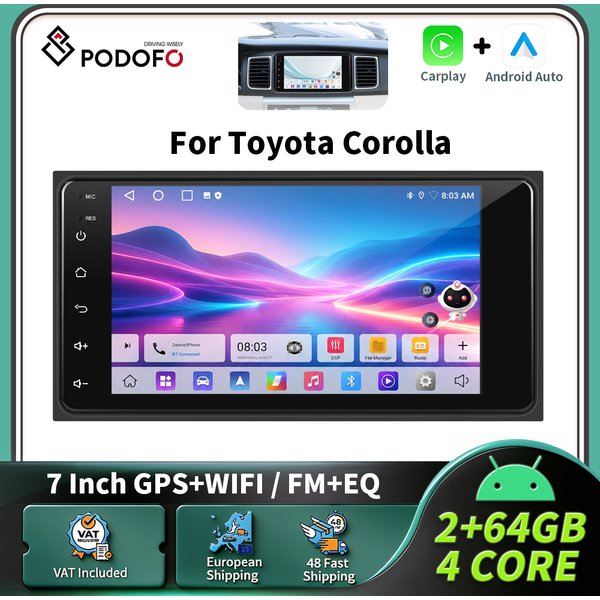 Podofo 7-Zoll-Carplay-Android-Autoradio für Toyota Corolla, intelligentes 2-DIN-GPS-Navigationssystem, RDS-Multimedia-Autoradio