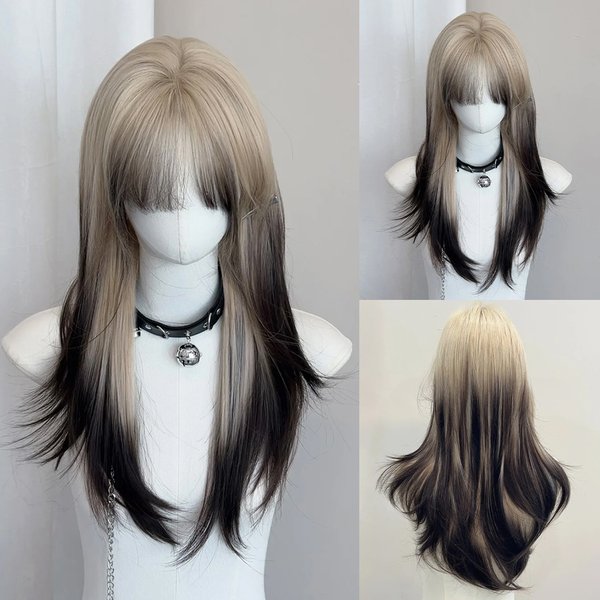 Perruque synthétique superposée noire Blonde ombrée pour Cosplay Lolita, perruque longue et lisse avec frange pour femmes, fête quotidienne