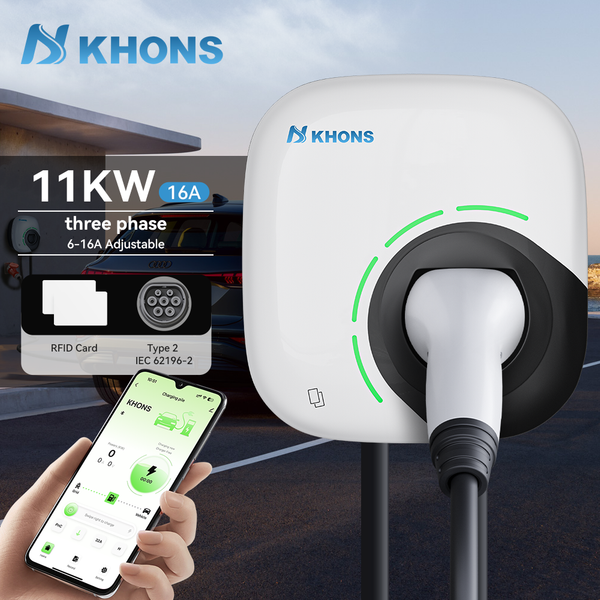 Stacja ładowania Khons Type2 EV 11kW, ładowarka EV 16A 3-fazowa Wallbox, stacja ładowania pojazdów elektrycznych IEC62196 z kontrolą przez aplikację.