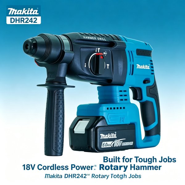 Original Makita DHR242 18V Multifunktions-Bohrhammer, 13,5 m/s² Anti-Vibrations-Funktion ermöglicht komfortablen Betrieb bei langen Bohrsitzungen, geeignet für Renovierungs- und Installationsarbeiten.