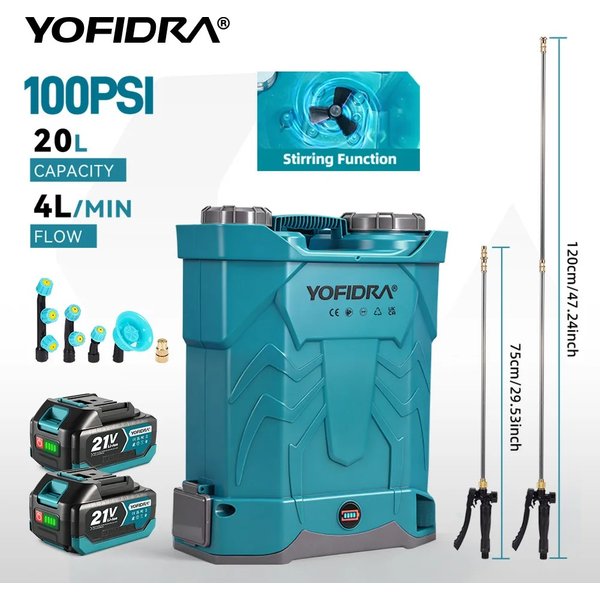 YOFIDRA 100PSI Elektrischer Sprüher 20L Hochleistungs-Gartensprühgerät, Bewässerungs-Rucksacksprüher für Makita 21V Akku