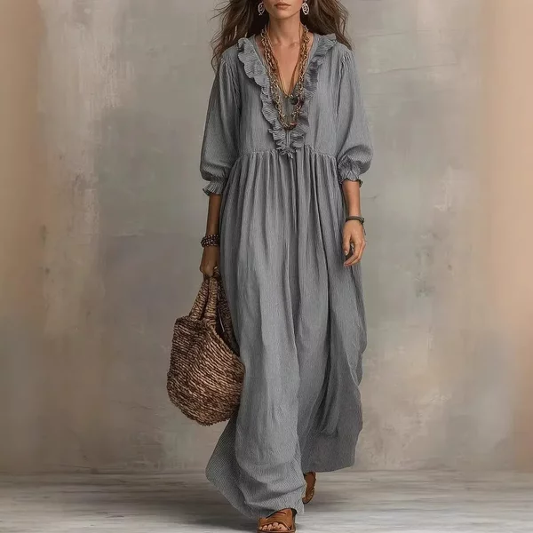 Nouvelle Robe Longue Printemps-Été 2026 Élégante Rayée à Volants Ample Taille Haute Col en V Tendance Décontractée Grande Taille Robe de Plage