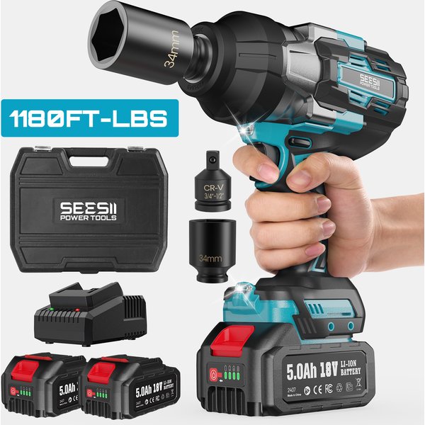 SEESII Real 1600Nm Akku-Schlagschrauber-Set 3/4' Hochdrehmoment-Elektro-Schlagschrauber mit 2x5,0Ah Batterien und LED-Licht für schwere LKW-Arbeiten
