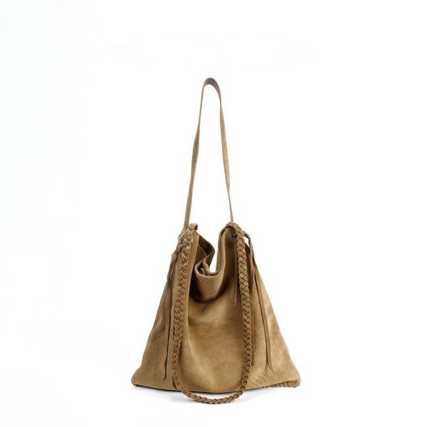 Sac fourre-tout vintage en daim véritable avec franges, pour femme, usage quotidien, décontracté, avec sangle tressée et cordon de serrage, grand sac à bandoulière