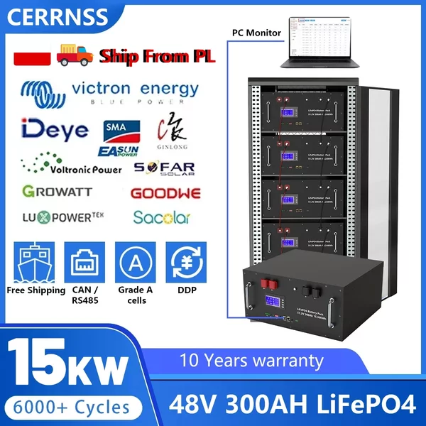 Lifepo4 48V 300Ah 15Kwh Batterie 51.2V 100Ah 120Ah 150Ah 200Ah 6000+ Zyklen Bluetooth Aktiver Equalizer 200A Rs485 Can BMS PC-Monitor Lithium-Batterie PL EU Lager Haushaltsenergiespeicher 10 Jahre