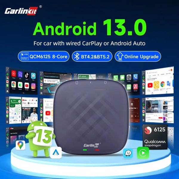 CarlinKit-Android 13 Wireless CarPlay AI TV Box, QCM6125, 8 cœurs, écran partagé, 64 Go, 128 Go pour Netflix, promettant Play PRPRU