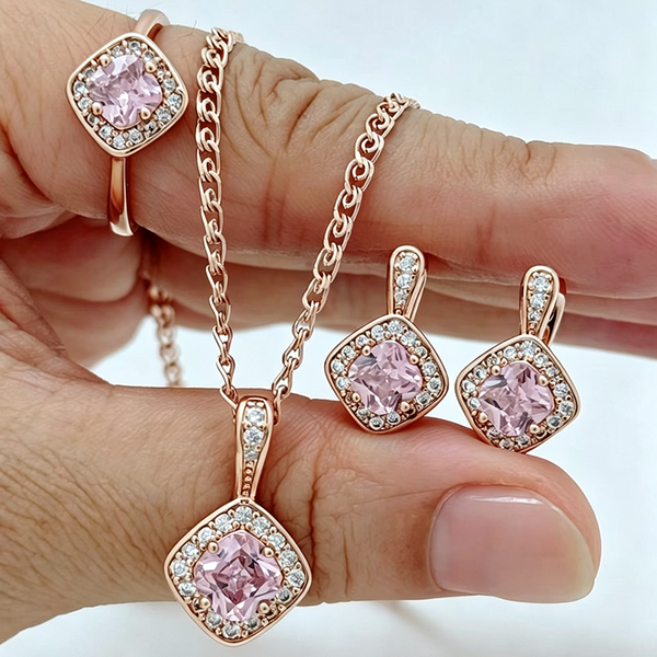 Kinel Hot 585 Rose Gold Color Bride Necklace Earrings Ring Square Pink Natural Zircon Accessories Women Ethnic Jewelry Stes