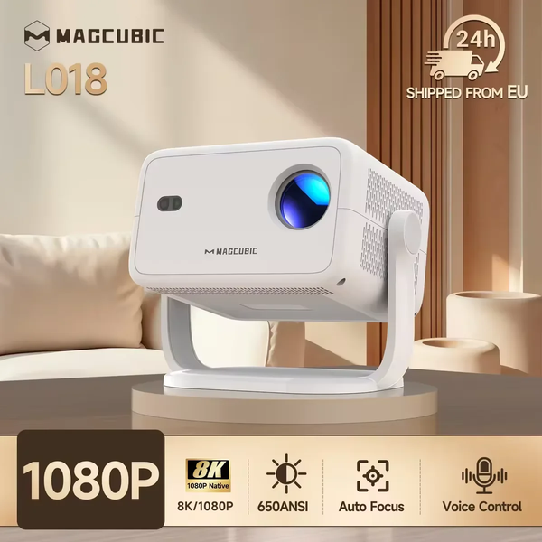 Projecteur Magcubic 8K Android14 L018 650ANSI Mise au point automatique et correction de la distorsion trapézoïdale 1080P 360 ° Airmouse portable rotatif Wifi6 BT5.4 pour films en extérieur