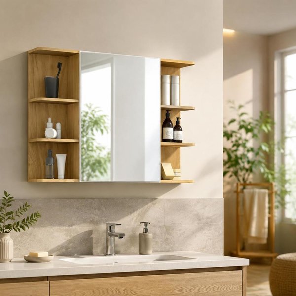 Armoire à miroir pour salle de bain 80 x 20 x 59 cm, panneau de particules mélaminé, rangement mural avec double étagère, style moderne pour la maison