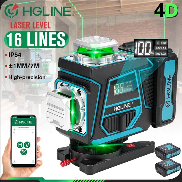 HGLINE Professionelles 16-Linien-Lasernivelliergerät mit APP-Fernbedienung, 360° Horizontal- und Vertikal-Grünlaser-Nivelliergerät, Baumaschinen-Messwerkzeug