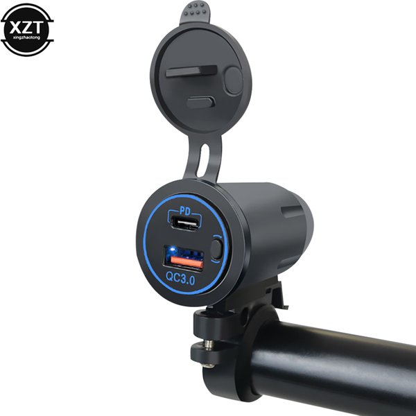 12-24V Motorcycle Handlebar USB Charger Mount PD+QC3.0 Dual USB Fast Charging Socket With Switch Motorbike Modified Accessories