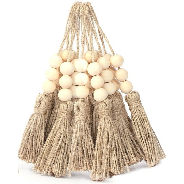 20pcs Jute Rope Tassels with 3 Wood Beads Hemp Burlap Tassels for Curtain DIY Craft Christmas Tree Home Party Decorations