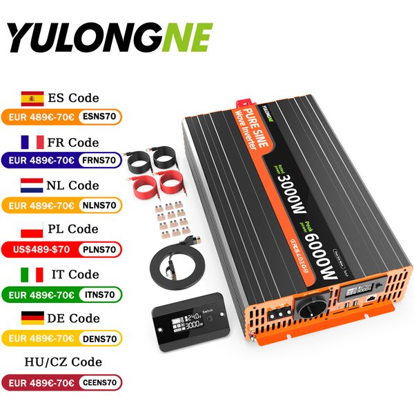YULONGNE 2000W 2500W 3000W DC 24V zu AC Reiner Sinus-Wechselrichter Leistungswechselrichter Spitzenleistung 4000W 5000W 6000W Mit LCD-Fernbedienung EU-Schuko-Steckdose Europäisches Lager