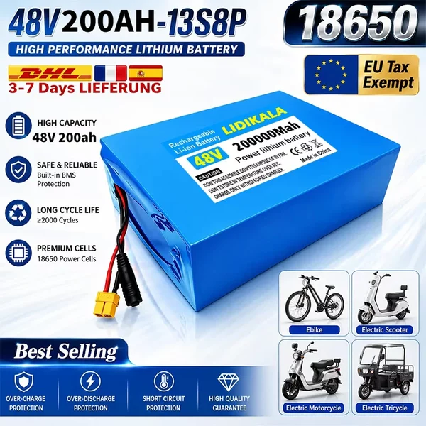 LIDIKALA Original 48V 200000mAh Power Lithium-Akku 13S8P Grade A Zellen Deep Cycle Akkupack mit integriertem 50A BMS für 2000W Citycoco Elektroroller E-Bike