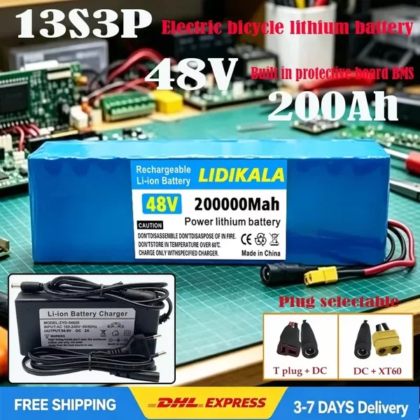 13S3P 48V 200000mAh 200Ah Lithium-Ionen-Akkupack mit 1000W BMS für 54,6V E-Bike Elektrofahrrad Roller