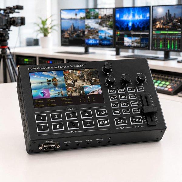 Commutateur vidéo HDMI 1080P avec écran de 5 pouces pour caméras multiples, caméscopes, diffusion en direct, mixage audio, enregistrement et diffusion en direct.