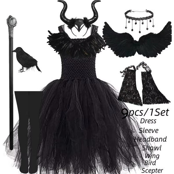 Robe de princesse tutu faite à la main pour filles, costume de cosplay Reine méchante, robe de sorcière démoniaque en maille noire pour enfants, idéale pour les fêtes de carnaval et les baguettes