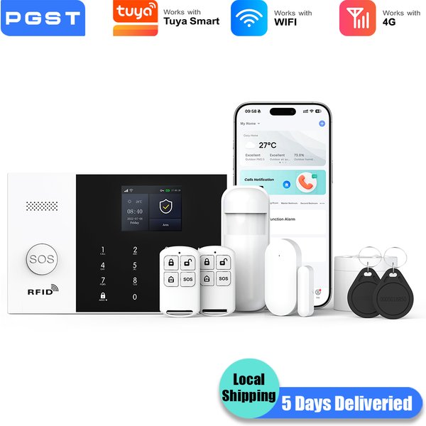 PGST Alarmanlage Einbruchschutz WiFi 4G Works with Tuya Smart Life kabelloses Sicherheits Set für Zuhause Gewerbe Tür Fenster Sensoren Fernüberwachung per Smartphone