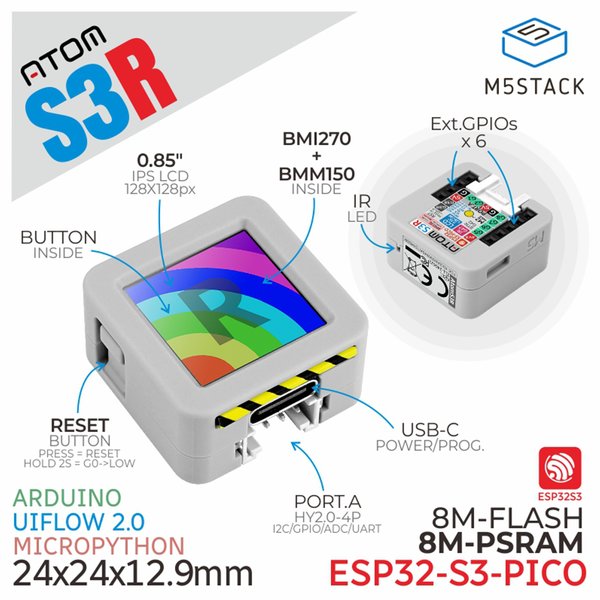 Oficjalny kontroler IoT M5Stack AtomS3R ESP32-S3, wyświetlacz IPS o przekątnej 0,85 cala, pamięć Flash 8 MB, pamięć PSRAM 8 MB, 9-osiowy moduł IMU, Wi-Fi, USB typu C, HY2.0-4P.