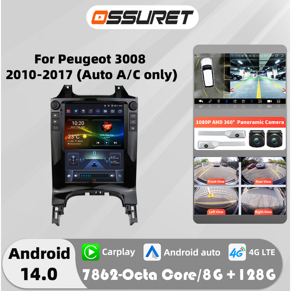 9,7" 360 Kamera Android14 Autoradio für Peugeot 3008 2010 - 2017 Carplay Android Auto Multimedia GPS Autoradio RDS SWC BT Bildschirm
