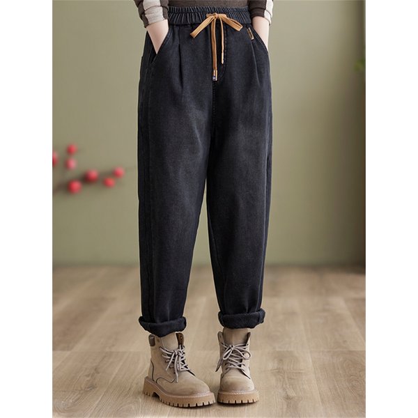 Jean couleur unie élastique pour femme, pantalon sarouel chaud, ample et décontracté, en molleton épais, Vintage