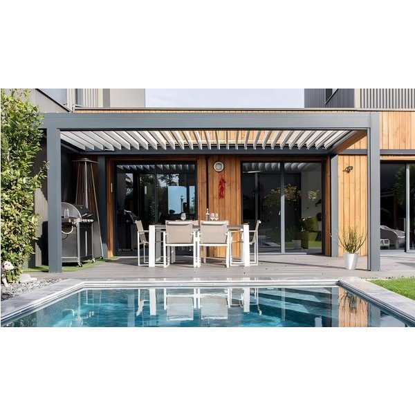 Pergola bioclimatique motorisée en aluminium sur mesure 3x4 4x4 6x6 avec toit à lames orientables, imperméable, avec éclairage LED, pour jardin et protection solaire