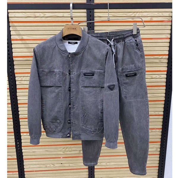 Ensemble deux pièces décontracté pour homme en denim délavé : veste à col baseball et pantalon de jogging à cordon de serrage