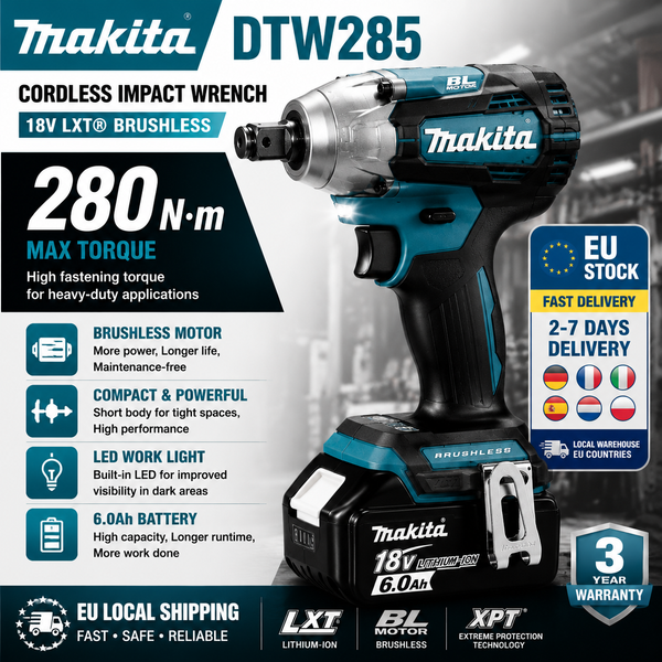 Original Makita DTW285Z Bürstenloser Akku-Schlagschrauber 18V LXT 280N.m mit 6,0Ah Li-Ion-Akku EU Schnellversand