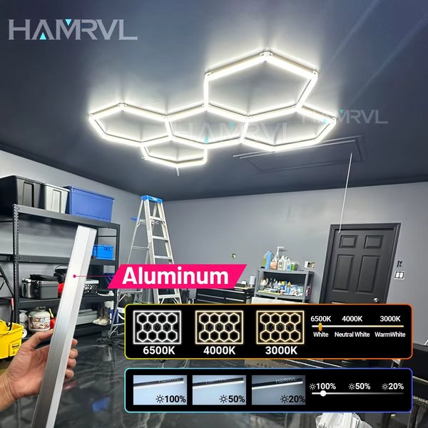 Éclairage LED hexagonal en aluminium pour garage, tube lumineux dimmable 6000K-3000K à changement de couleur pour salon de coiffure, atelier, salle de sport, garage automobile, plafond en nid