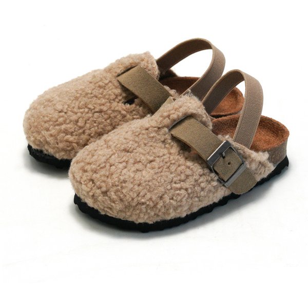 Pantoufles chaudes et pelucheuses pour bébés garçons et filles, sandales en peluche, plates en fausse fourrure de liège, pantoufles pour les premiers pas, sangle arrière élastique