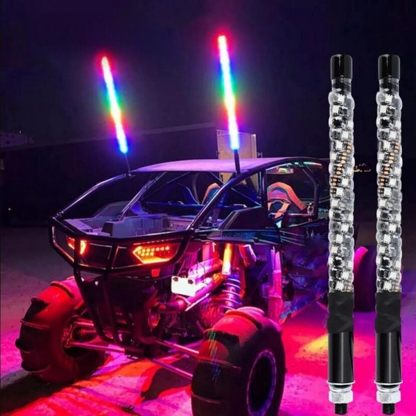 2 sztuki świateł LED typu whip, RGB LED Running Light, sterowanie aplikacją, LED antena, podświetlany whip spiralny, świecące whipy do UTV i ATV