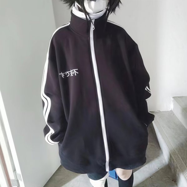 Damen Harajuku Japanischer Print Reißverschlussjacke Stehkragen Gestreifter Ärmel Locker Lässige Sportjacke