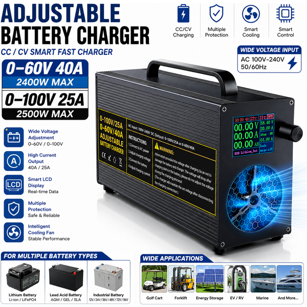 Regulowana ładowarka DC 0-60V 40A / 0-100V 20A Inteligentna szybka ładowarka CC CV do akumulatorów litowych LiFePO4