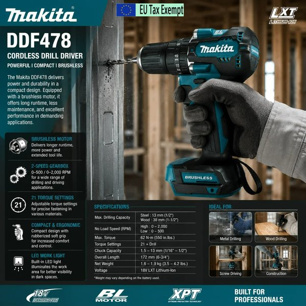 Makita DDF487 Akku-Bohrschrauber 18V Bürstenloser Elektroschrauber mit BL1860 6,0Ah Lithium-Akku Kompakter Hochdrehmoment-Schraubendreher für Holz, Metall, Heimreparaturen, Möbelmontage,