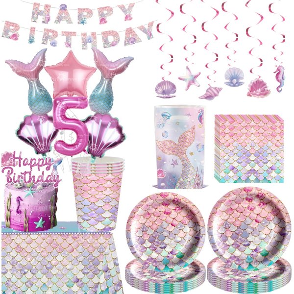 Décorations de fête d'anniversaire sur le thème de la sirène, vaisselle, nappe, assiettes, gobelets, serviettes, bannière suspendue, sacs cadeaux, fournitures pour fête de sirène