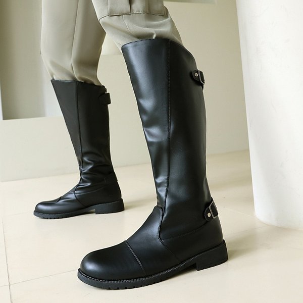 Herren Kniehohe Stiefel mit Schnallenverschluss, Runde Spitze, Dicker Absatz, Mittelhohe Stiefel, Modische Motorradstiefel mit Reißverschluss, Lederschuhe für Männer