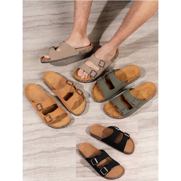 Herren Casual Einfache Schnallenverstellbare PU-Obermaterial Doppelriemen Strand-Flip-Flops Flache Sohle Slip-On Outdoor Home EVA Hausschuhe