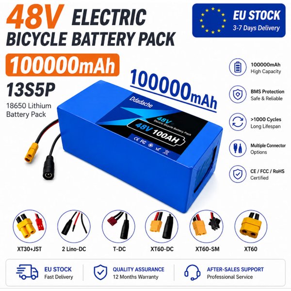 EU-Lokallager Polen Lager CE-zertifiziert 48V 100Ah 13S5P 18650 Lithium-Batterie mit eingebautem intelligenten BMS 54,6V Ladegerät für 500-1000W E-Bike Elektroroller 3-7 Tage Lieferzeit