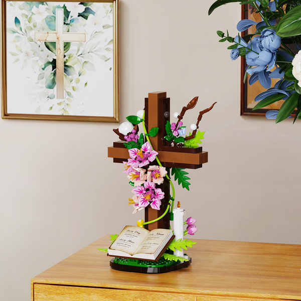 Ensemble de blocs de construction Croix de Jésus florale, Croix florale religieuse artificielle, Briques de construction DIY, Jouet de collection, Décoration d'intérieur, Cadeau pour fans et adultes